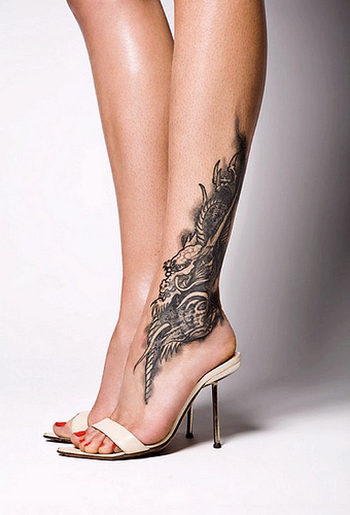 Black And Grey Dragon Tattoo On Girl Left Ankle