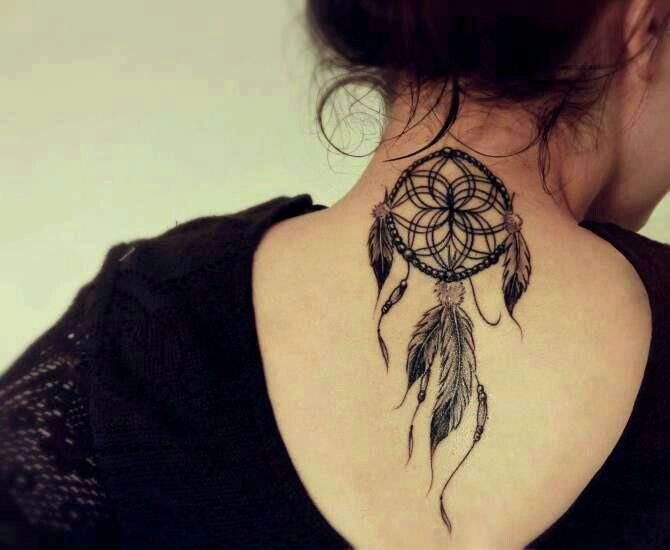 Black And Grey Dreamcatcher Tattoo On Girl Back Neck