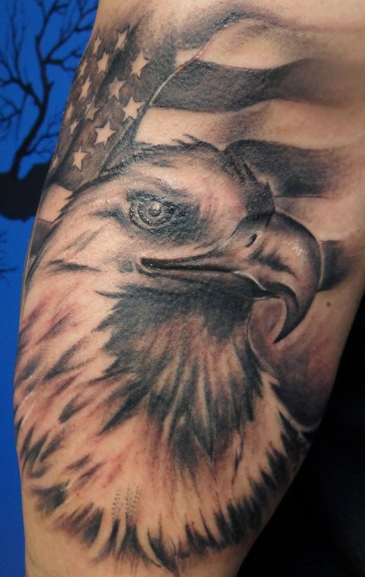 Black And Grey Eagle With USA Flag Tattoo Design For Half Sleeve