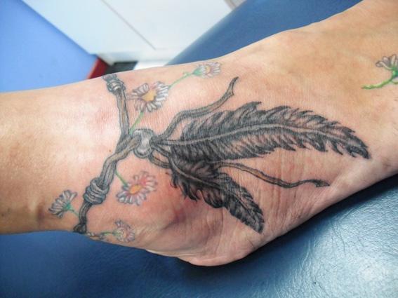 Black And Grey Feather Tattoo On Right Foot