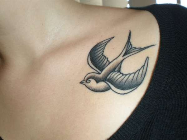 Black And Grey Flying Bird Tattoo Design For Collar Bone
