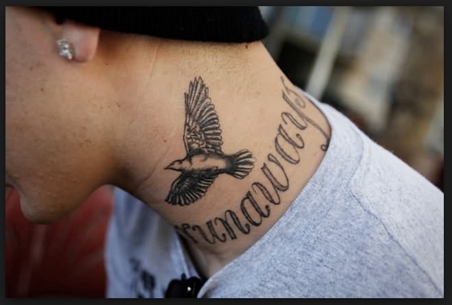 Black And Grey Flying Bird Tattoo On Man Side Neck