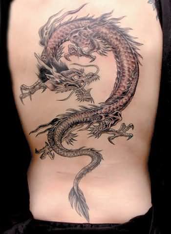 Black And Grey Gothic Dragon Tattoo On Full Back