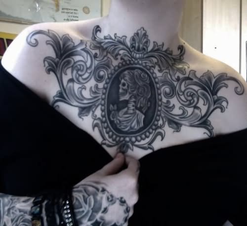 Black And Grey Gothic Girl Skeleton In Frame Tattoo On Collarbone