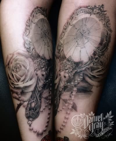 Black And Grey Hand Mirror Tattoo On Sleeve