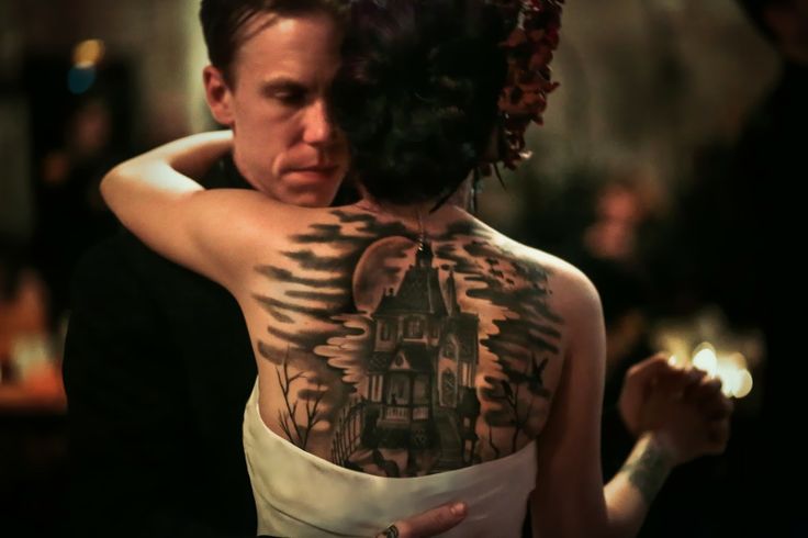 Black And Grey Haunted House Tattoo On Upper Back