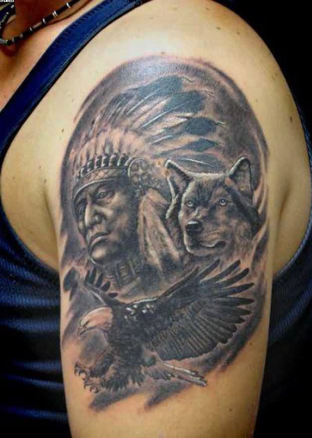 Black And Grey Indian Chief Female With Wolf And Flying Eagle Tattoo On Left Shoulder By Geza Smit