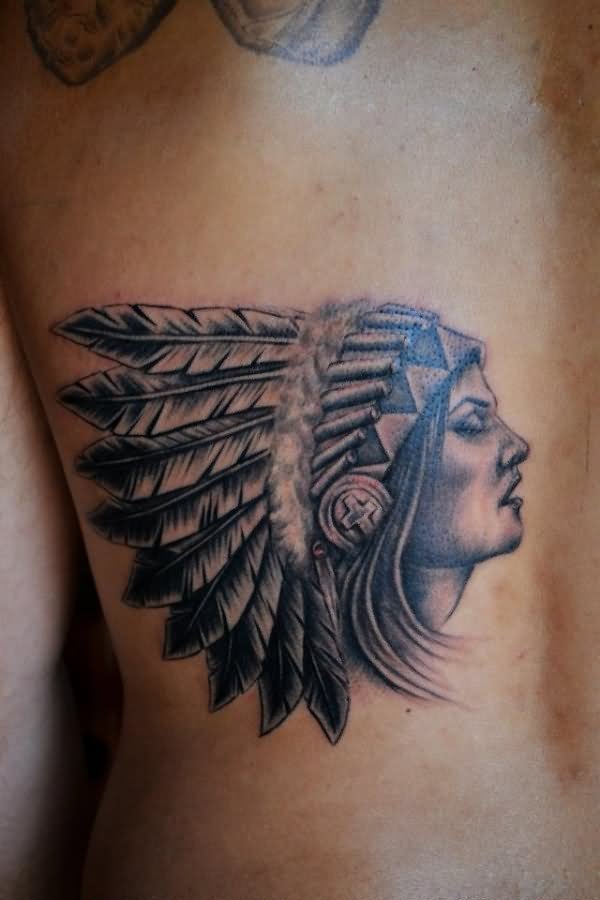 Black And Grey Indian Chief Girl Face Tattoo Design For Side Rib