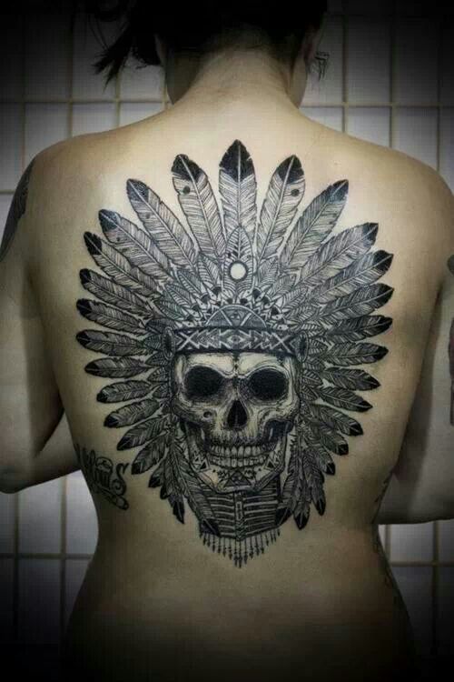 Black And Grey Indian Chief Skull Tattoo On Back