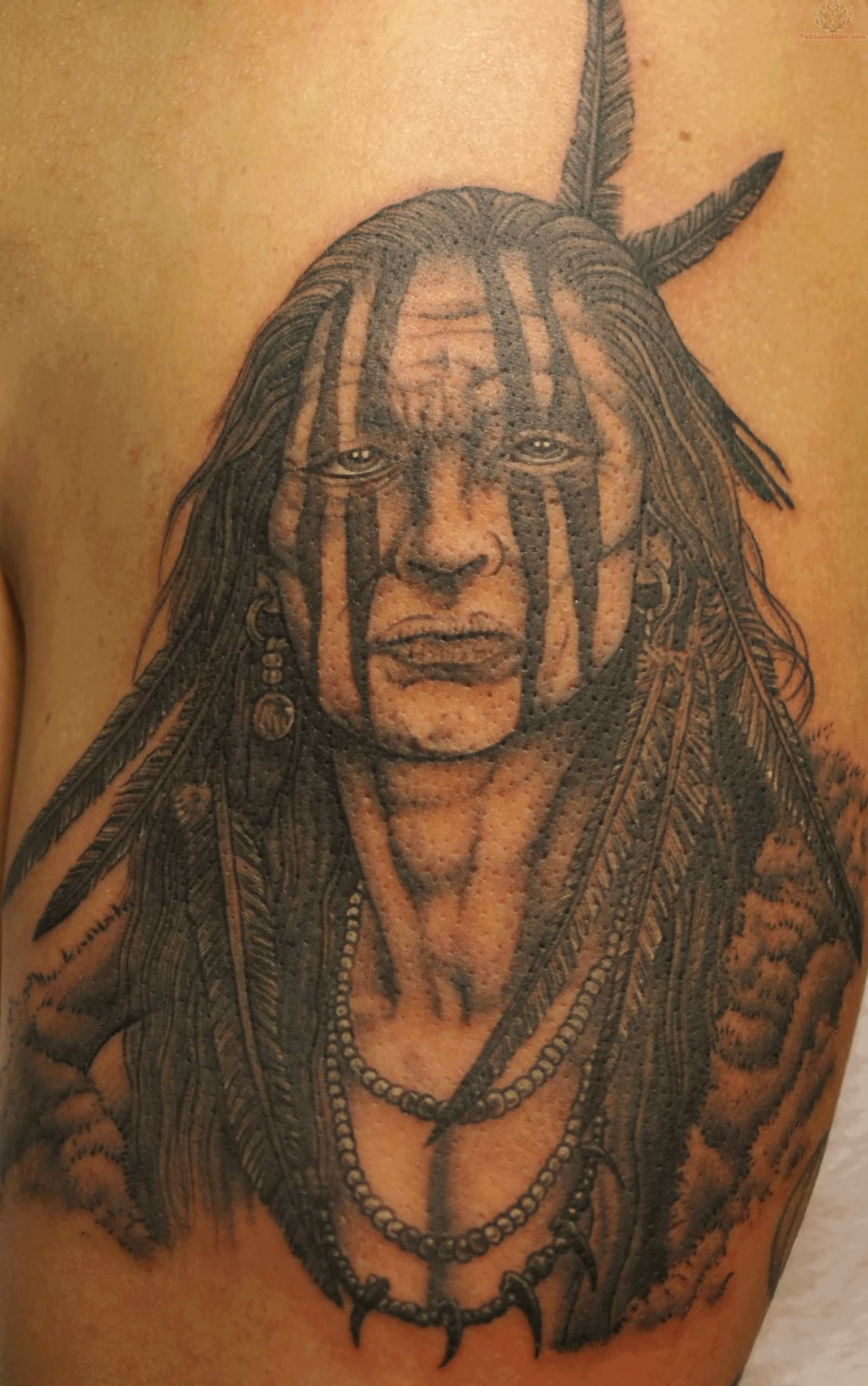 Black And Grey Indian Chief Tattoo Design For Half Sleeve
