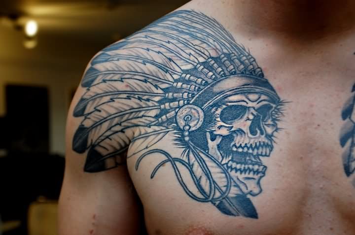 Black And Grey Indian Chief Tattoo On Man Chest By Sean Jones