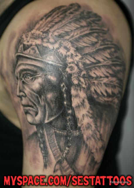 Black And Grey Indian Chief Tattoo On Shoulder B