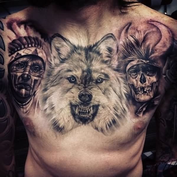 Black And Grey Indian Chief With Skull And Wolf Tattoo On Man Chest