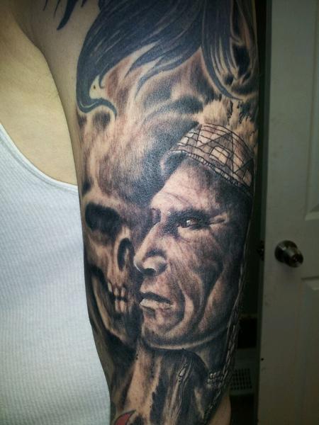Black And Grey Indian Chief With Skull Tattoo On Half Sleeve By Anthony Lawton
