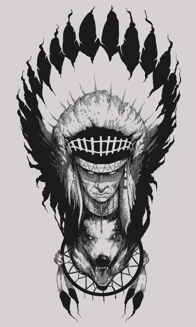 Black And Grey Indian Chief With Wolf Tattoo Design