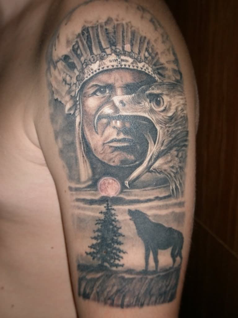 Black And Grey Indian Chief With Wolf Tattoo On Half Sleeve