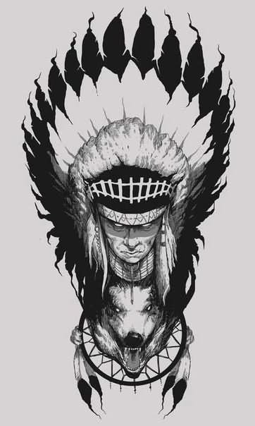 Black And Grey Indian Native Wolf Head Tattoo Design