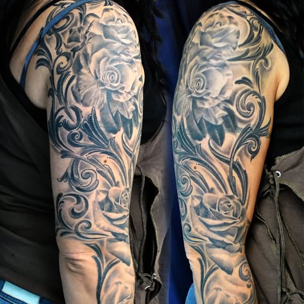 Black And Grey Ink Flowers Tattoo On Right Full Sleeve