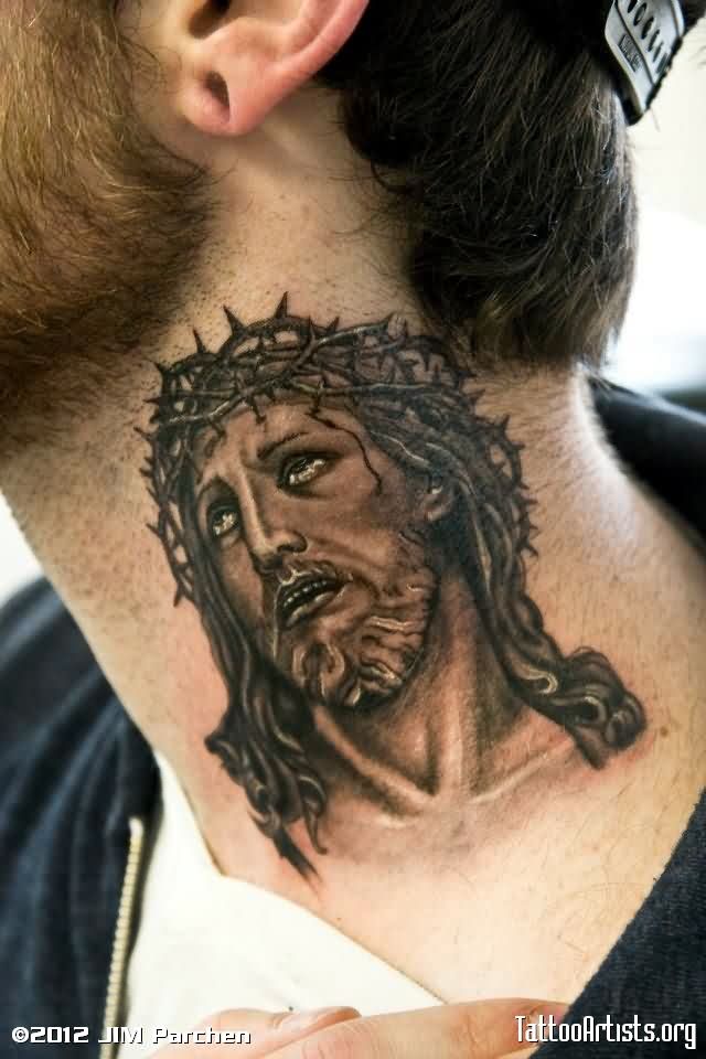 Black And Grey Jesus Face Tattoo On Side Neck