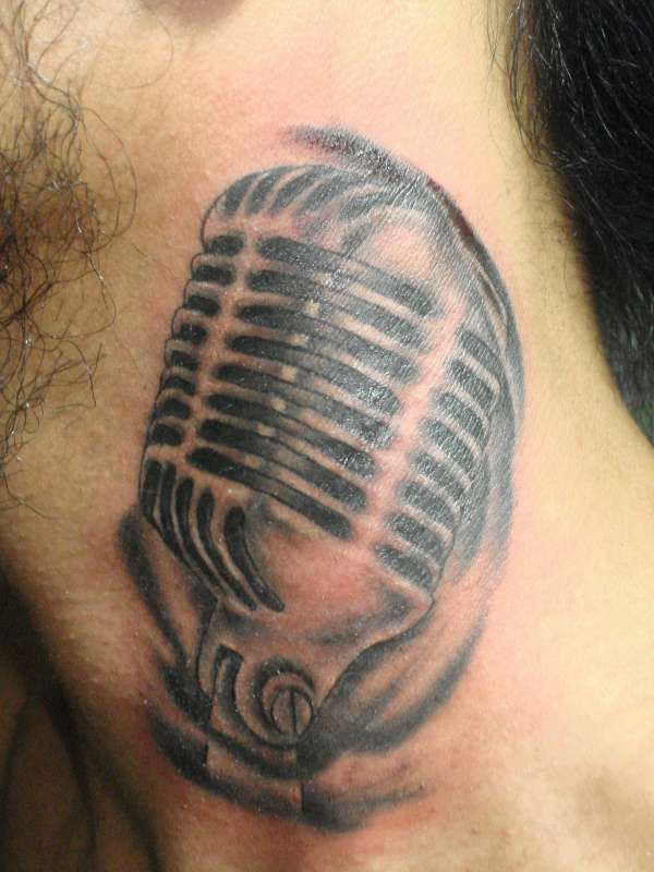 Black And Grey Microphone Tattoo On Man Side Neck