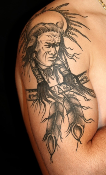 Black And Grey Native Indian And Feather Band Tattoo On Right Half Sleeve