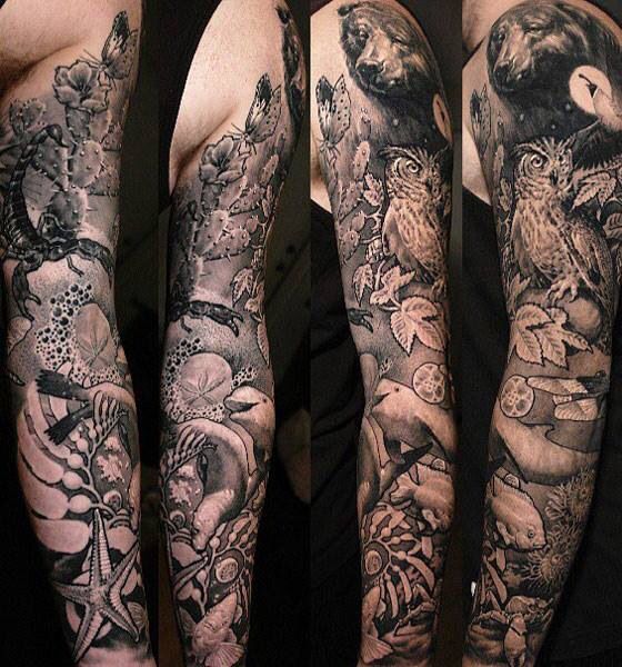 Black And Grey Nature Tattoo Design For Full Sleeve
