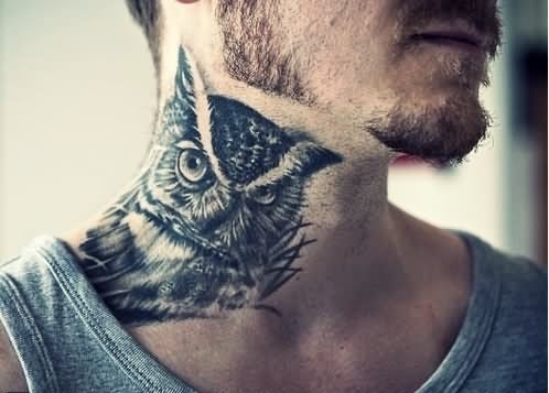 Black And Grey Owl Tattoo On Man Front Neck