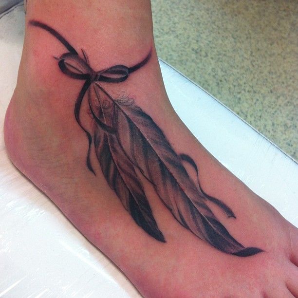 Black And Grey Rosary Feather Tattoo On Right Ankle
