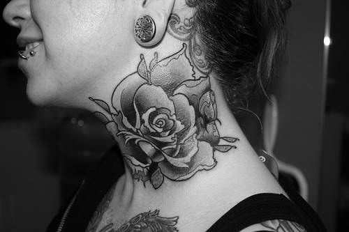 Black And Grey Rose Tattoo On Girl Side Neck