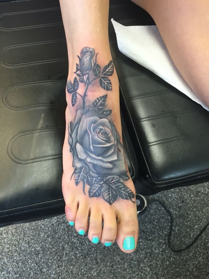 Black And Grey Roses Tattoo On Girl Right Foot