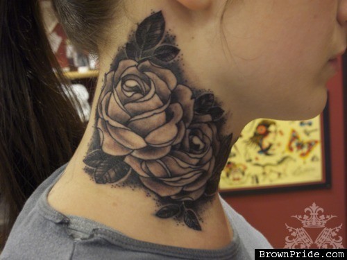 Black And Grey Roses Tattoo On Side Neck