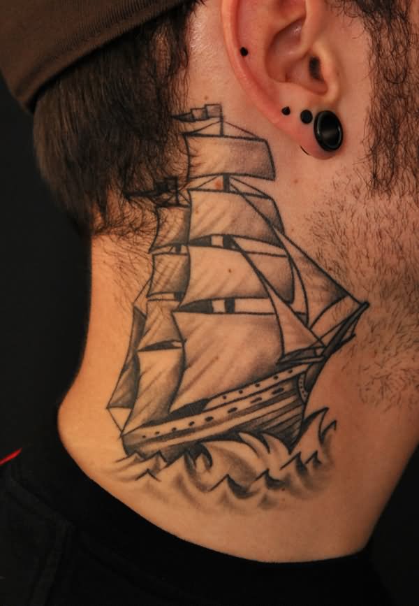 Black And Grey Ship Tattoo On Man Side Neck