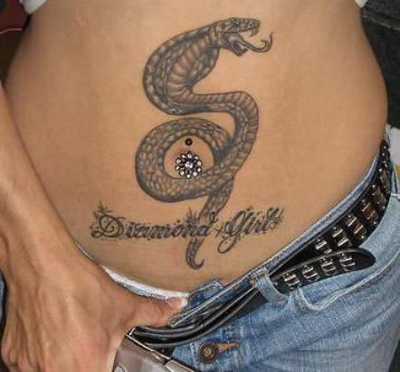 Black And Grey Snake Tattoo On Girl Stomach