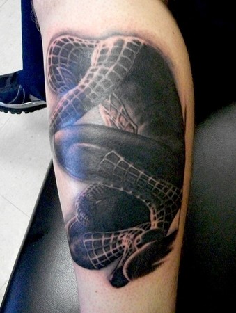 Black And Grey Spiderman Tattoo On Leg Sleeve
