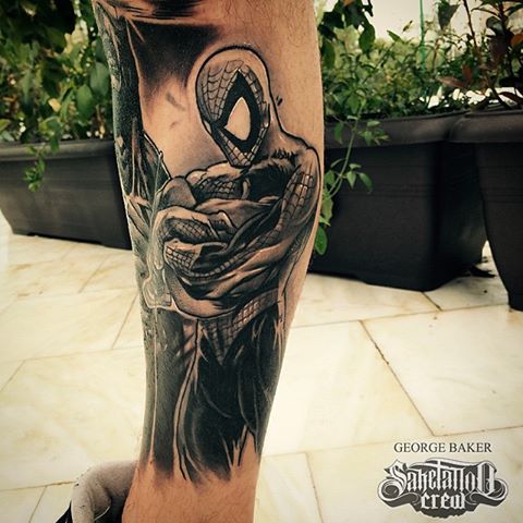 Black And Grey Spiderman Tattoo On Leg