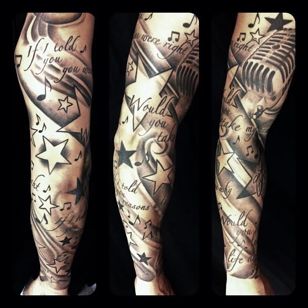 Black And Grey Stars And Microphone Tattoo On Sleeve