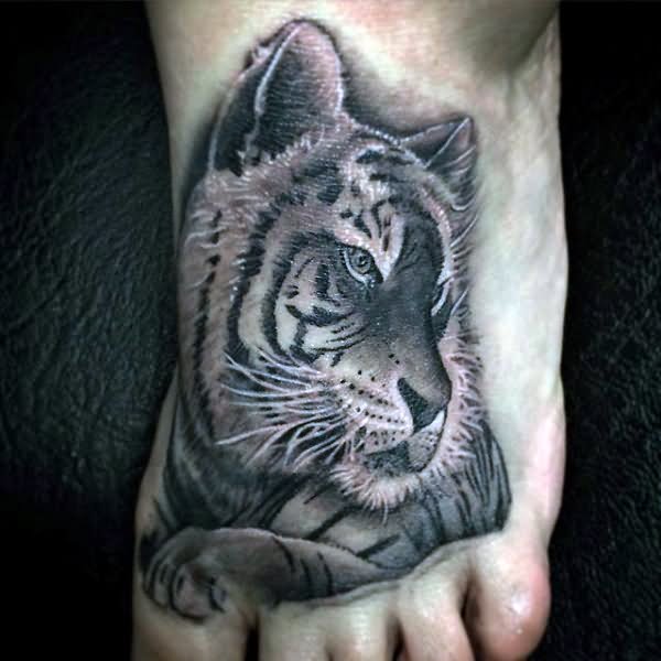 Black And Grey Tiger Tattoo Design For Men Foot