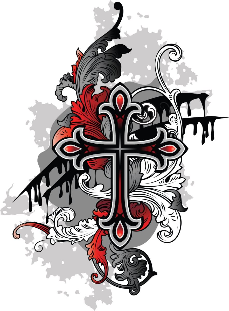 Black And Red Gothic Cross Tattoo Design