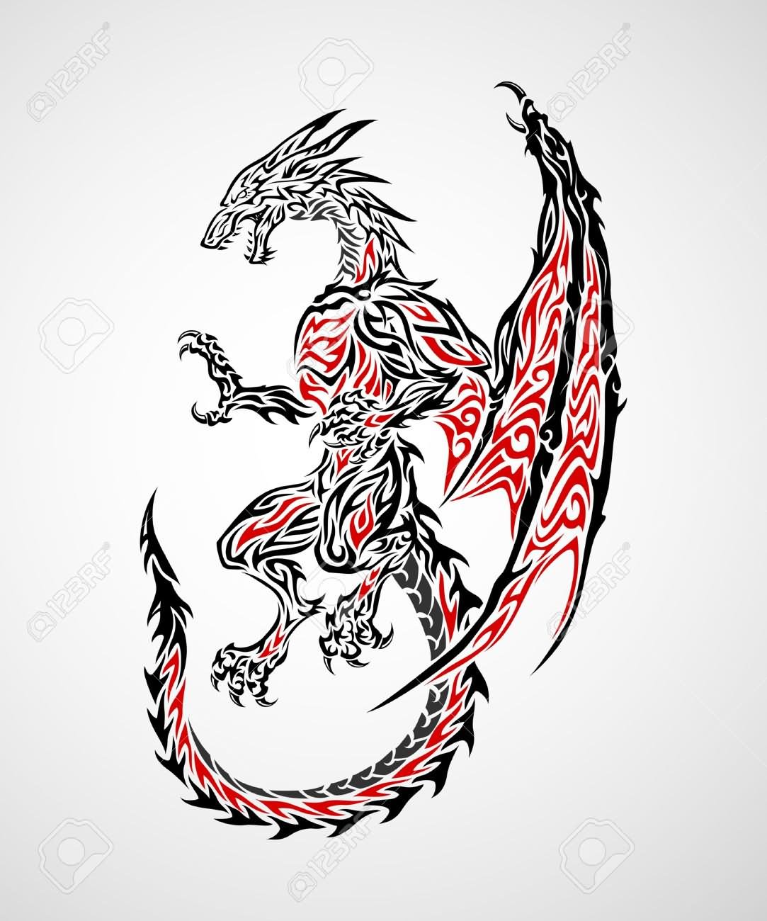 Black And Red Tribal Gothic Dragon Tattoo Stencil