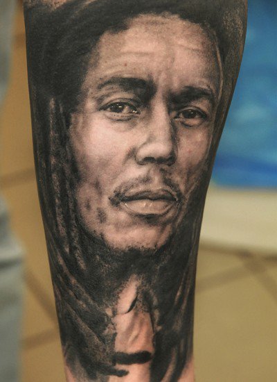 Black And White Bob Marley Tattoo On Sleeve