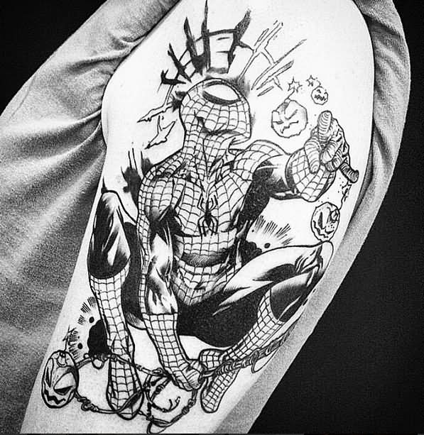 Black And White Spiderman Tattoo On Left Shoulder