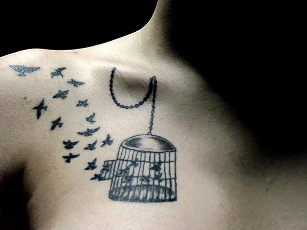 Black Birds And Cage Tattoo On Right Collar Bone