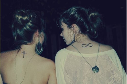 Black Cross And Infinity Tattoo On Back Neck