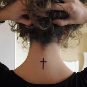 Black Cross Tattoo On Back Neck