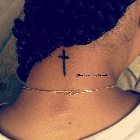 Black Cross Tattoo On Back Neck