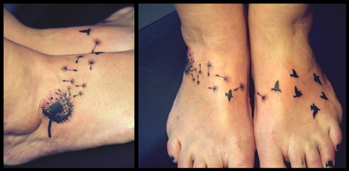 Black Dandelion With Flying Birds Tattoo On Feet