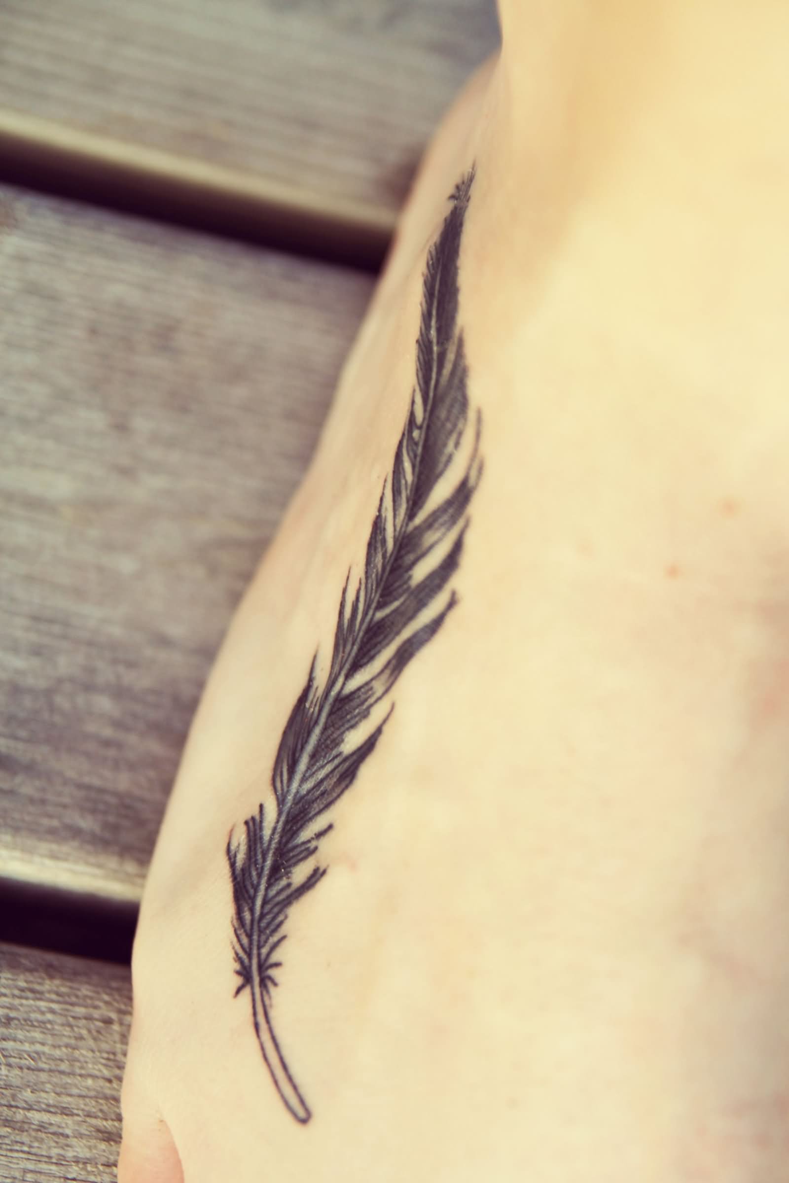 Black Feather Tattoo On Right Foot
