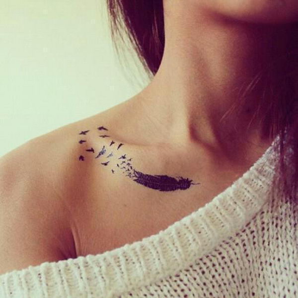 Black Feather With Flying Birds Tattoo On Girl Collar Bone