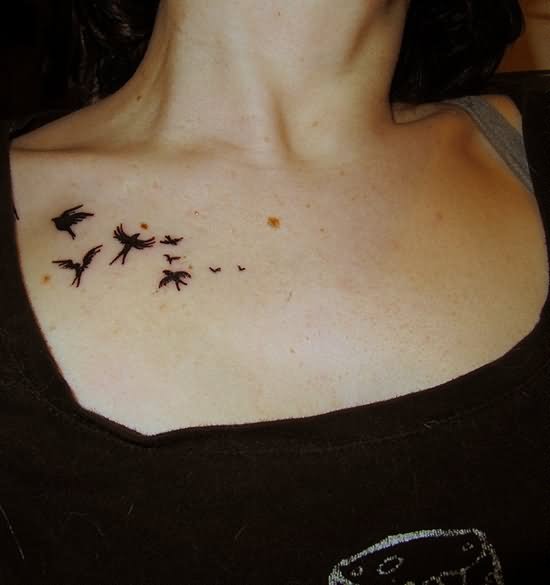 Black Flying Bird Tattoo On Collar Bone