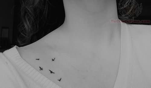 Black Flying Birds Tattoo On Collar Bone